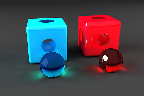 cube, boules caustiques, spectacle, Jeu, boîte, donné, rouge, bleu, personne, en trois dimensions, coupé, prise de vue en studio, forme, à l'intérieur, réflexion, forme de cube, La technologie, conception, fermer, multi couleur, couleur noire, groupe d'objets, deux objets, trois objets, lien, Plastique, pilulier, 4K, CC0, domaine public, libre de droits