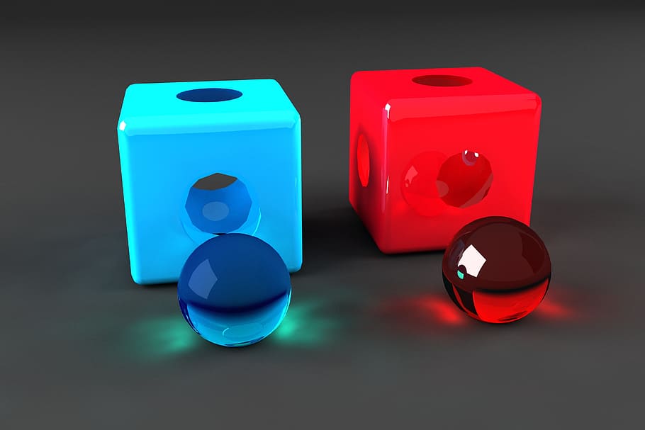 cub, boles càustiques, espectacle, joc, Caixa, donat, vermell, blau, cap gent, tridimensional, tallar, tir de l'estudi, forma, a l'interior, reflexió, forma de cub, tecnologia, disseny, primer pla, multicolor, color negre, grup d'objectes, dos objectes, tres objectes, connexió, plàstic, contenidor de pastilles, 4K