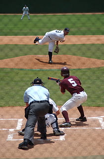 Baseball, Player, Pitcher, baseball player, throwing, umpire, batter, hitter, game, ball, sport, sports balls, activity, team, college, batter's box, action, playing, competition, field, pitcher's mound, bunt, home plate, infield, baseball diamond, catcher, baseball catcher, baseball - sport, sports uniform, full length, baseball uniform, standing, real people, people, men, playing field, day, clothing, group of people, nature, males, outdoors, uniform, 1080P, CC0, public domain, royalty free
