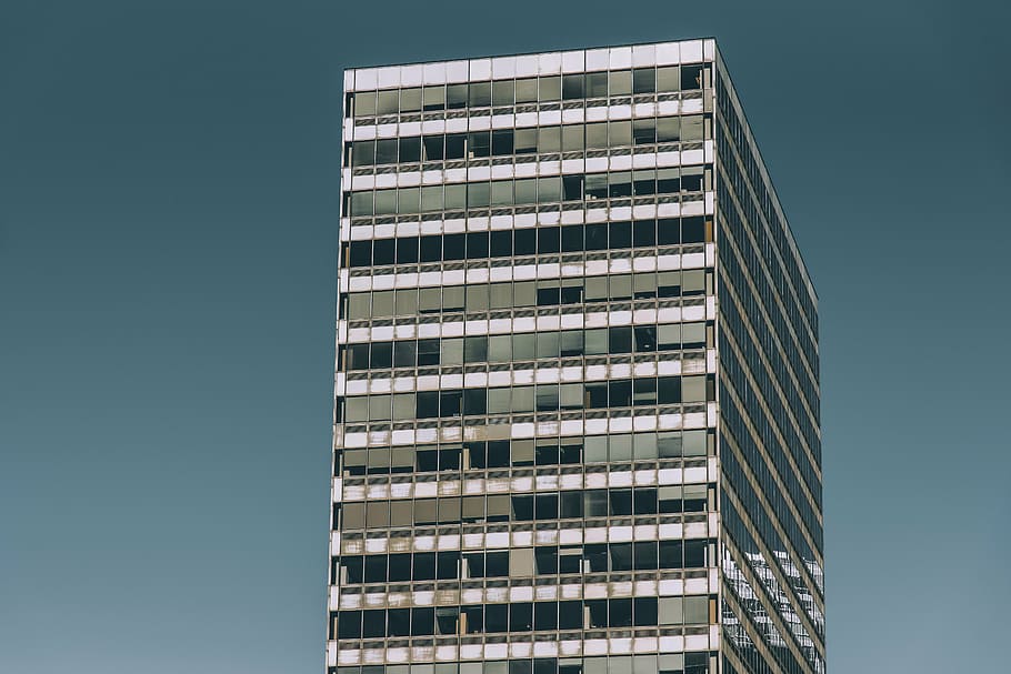 szklany budynek, szary, beton, budynek, architektura, infrastruktura, wieżowiec, niebo, na zewnątrz budynku, fasada, nowoczesny, Miasto, zbudowana struktura, okno, żadnych ludzi, apartament, budynek biurowy na zewnątrz, niski kąt widzenia, czyste Niebo, gabinet, wysoki - wysoki, szkło - materiał, Natura, dzień, biznes, wieża, na dworze, 5K