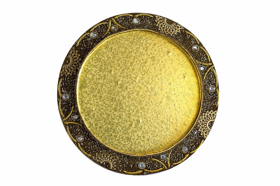 runde guld, Brun, væg indretning, dekorative, bakke, betjener, dekoration, træ-, indretning, design, buket, romantisk, fest, bryllup, rund, elegant, guldfarvet, udsmykkede, enkelt objekt, isolerede, luksus, guld, hvid baggrund, cirkel, geometrisk form, studio skud, skåret ud, indendørs, ingen mennesker, form, kopiere plads, metal, direkte over, tæt på, stilleben, rigdom, tom, gammel, antik, blank, 4K