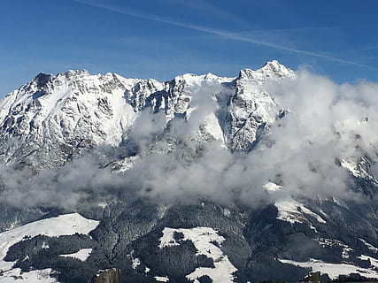 Berge, Berg, Wolken, Landschaft, Natur, Himmel, Österreich, leogang, Steinberge, Schnee, kalte Temperatur, Winter, Schönheit in der Natur, Szenen - Natur, Gebirge, Umgebung, Gipfel, wolke - himmel, schneebedeckter Berg, Rock, solide, ruhige Szene, weiße Farbe, Rock - Objekt, keine Leute, draußen, Eis, Nadelbaum, Kiefer, 4K, CC0, gemeinfrei, lizenzfrei