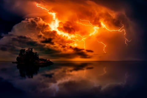 lighting, ocean scenery, sunset, dusk, lightning, storm, weather, bolts, electrical, sea, ocean, water, reflections, nature, outdoors, dark, evening, night, sky, cloud - sky, beauty in nature, reflection, scenics - nature, no people, tranquility, tranquil scene, orange color, horizon, horizon over water, power in nature, idyllic, 1080P, CC0, public domain, royalty free