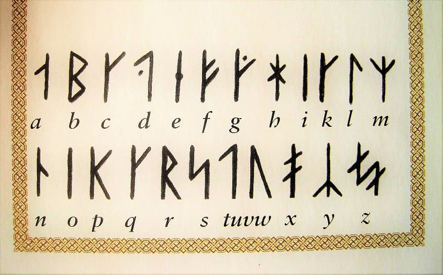 cartell alfabet, Escriptura rúnica, personatges germànics, personatges antics, personatges, vell, alfabet, alfabet escrit, escandinavia, alt medieval, escandinàvia alta medieval, víking, Escriptures de víkings, temps de vikings, històricament, Font, text, comunicació, primer pla, escriptura a mà, guió occidental, cap gent, tir de l'estudi, a l'interior, signe, color negre, cal·ligrafia, guió, funció de construcció de parets, arquitectura, nombre, script no occidental, paper, marc complet, missatge, 1080P