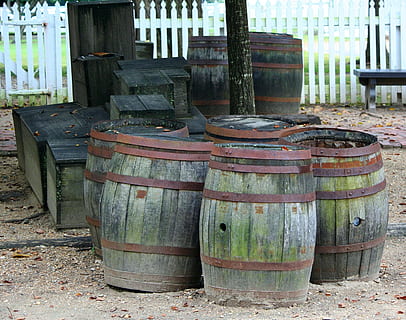 five, green, wooden, barrels, cylindrical, boxes, casks, old, rusty, rustic, containers, storage, metallic, hoops, crates, barrel, cylinder, wood - material, day, container, wine cask, no people, wine, architecture, outdoors, winemaking, alcohol, drink, winery, refreshment, food and drink, nature, built structure, 2K, CC0, public domain, royalty free