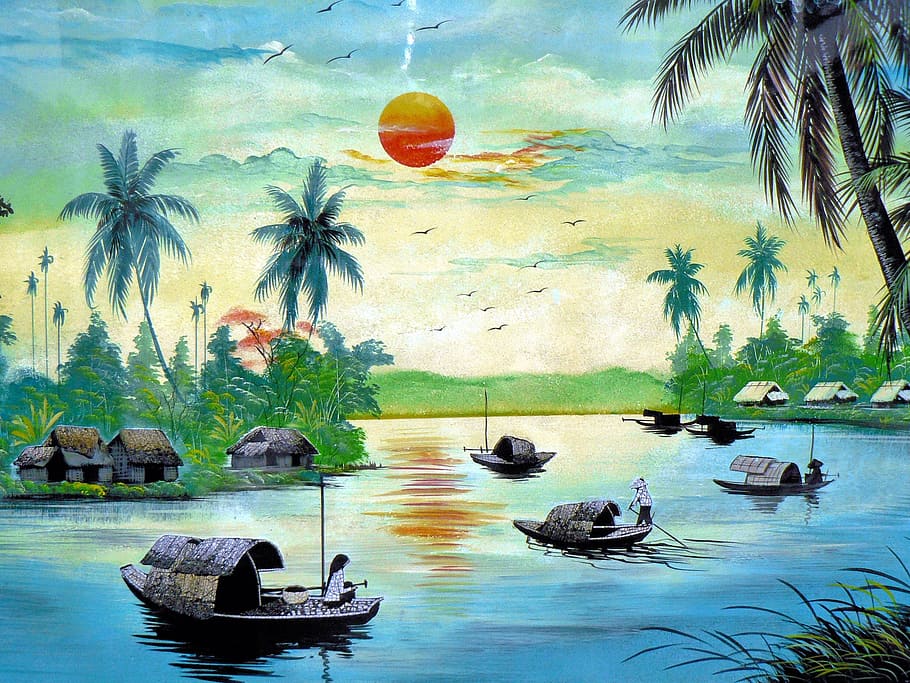 viet nam, taula, paisatge, típic, aigua, vaixell nàutic, transport, arbre, mar, manera de transport, Palmera, naturalesa, clima tropical, bellesa a la natura, viatjar, terra, destinacions de viatge, animal, animals a la natura, temes d'animals, dia, escenics - natura, fauna animal, a l'aire lliure, 1080P
