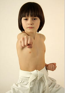 cute, guy, model, young, karate, one person, portrait, indoors, studio shot, looking at camera, child, front view, childhood, males, colored background, innocence, men, shirtless, waist up, boys, standing, brown hair, headshot, bangs, beige background, hairstyle, contemplation, 2K, CC0, public domain, royalty free