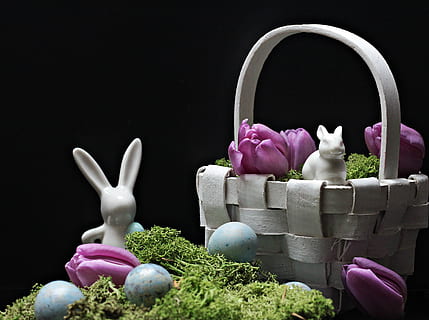 blanc, conill, ceràmica, figureta, al costat, teixit, cistella, llebre, conill de Pasqua, Pasqua, primavera, figura, tulipes, porpra, tulipes morades, flors morades, osterkorb, Pasqua körbchen, decoració, decoració de pasqua, molsa, ou, blau, ous blaus, dekoeier, deco, Feliç Pasqua, salutació de pasqua, tema de pasqua, costums, invitació, estat de Pasqua, salutacions de pasqua, tradició, consum de primavera, mapa, targeta de felicitació, postal, salutació, flors, celebració, fons, flor, planta, planta amb flors, color rosa, naturalesa, frescor, cap gent, a l'interior, bellesa a la natura, contenidor, fons negre, tir de l'estudi, festa, ou de Pasqua, 2K, CC0, domini públic, lliure de regalies