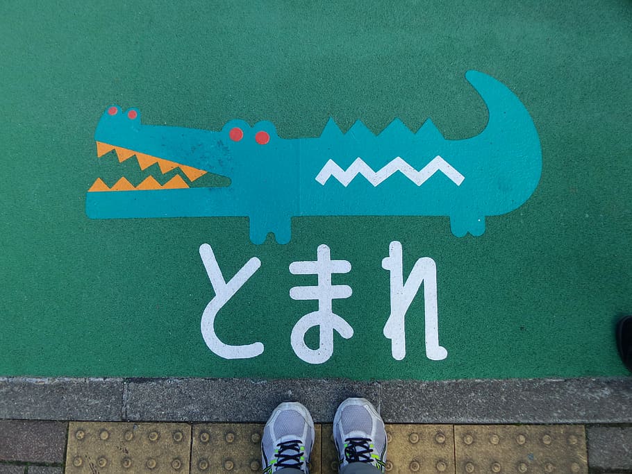 Pflaster, Krokodil, Zeichnung, Stoppschild, halt, Zeichen, Japan, Text, Kommunikation, grüne Farbe, Schuh, menschliches Körperteil, niedriger Abschnitt, Körperteil, eine Person, Stehen, persönliche Perspektive, Pfeilsymbol, menschliches Bein, echte Menschen, westliche Schrift, Kreativität, Kunst und Handwerk, Tag, Beratung, menschlicher Fuß, draußen, menschliches Glied, Pfeil, 5K