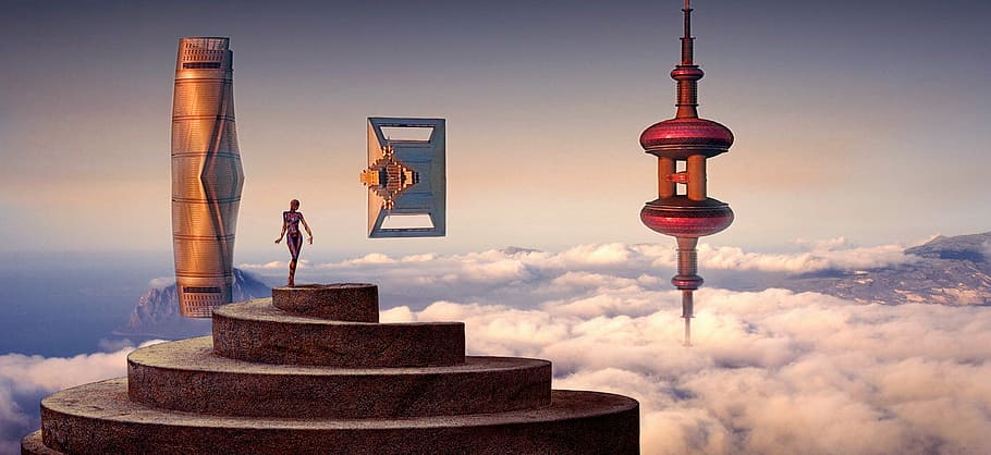 aplicació de jocs, fantasia, ciència ficció, flotar, surrealista, muntatge fotogràfic, endavant, futurista, figura, paisatge, composició, nau espacial, ovni, volar, núvols, cel, místic, llum, arquitectura, atmosfèric, ampli, edifici, torre, horitzó, llunyà, naturalesa, estructura construïda, còpia espai, núvol - cel, gent, viatjar, ciutat, destinacions de viatge, adult, a l'aire lliure, blau, vermell, exterior de l'edifici, dia, longitud completa, homes, compost digital, 5K