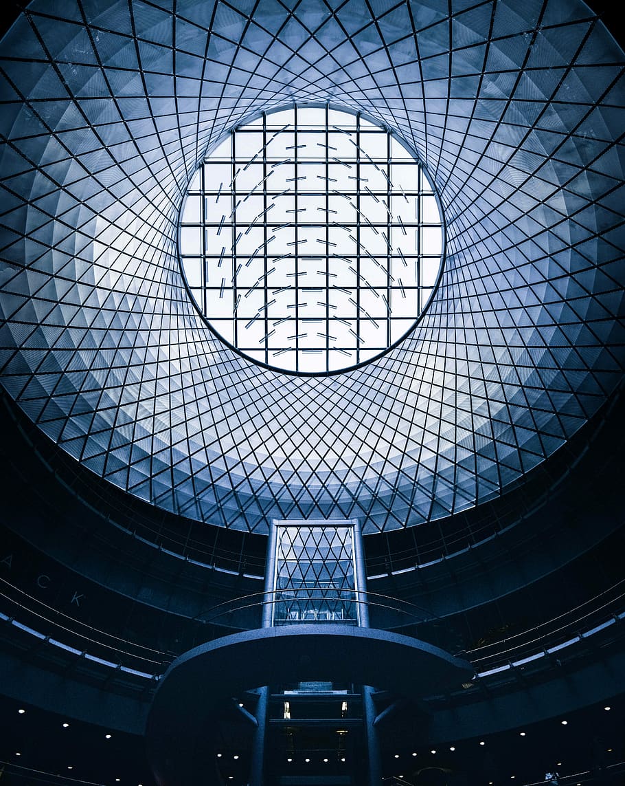 estadi de vidre blau, vidre blau, estadi, arquitectura, estructura construïda, a l'interior, sostre, finestra, modern, vidre - material, cúpula, cap gent, cercle, patró, forma geomètrica, forma, disseny, vista d’angle baix, claraboia, característica arquitectònica, dia, llum solar, transport, arquitectura i art, directament a sota, 5K
