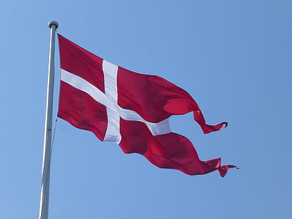 denmark flag, flag, red, white, blow, flutter, sky, wind, cheerful, patriotism, low angle view, blue, environment, clear sky, no people, nature, white color, day, sunny, waving, pride, emotion, pole, freedom, outdoors, national icon, independence, maple leaf, 4K, CC0, public domain, royalty free