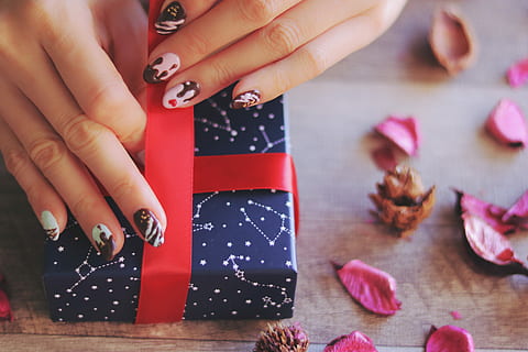 person, holding, blue, constellations, printed, gift box, gift, box, christmas, women, human Hand, decoration, celebration, close-up, females, red, caucasian Ethnicity, homemade, wood - Material, adult, craft, table, holiday, box - Container, people, one woman only, one person, indoors, adults only, hand, human body part, body part, human finger, finger, nail, nail polish, nail art, leisure activity, real people, lifestyles, jewelry, fingernail, 1080P, CC0, public domain, royalty free