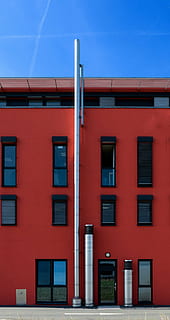 physicians house, facade, architecture, building, home, modern, glass, city, building exterior, built structure, red, window, sky, day, blue, no people, outdoors, nature, clear sky, low angle view, residential district, glass - material, in a row, sunlight, entrance, 4K, CC0, public domain, royalty free