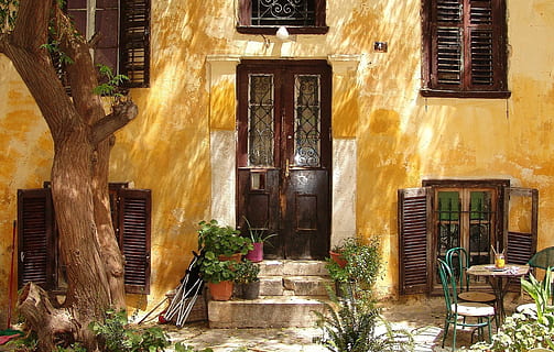 Marrone, di legno, chiuso, porta, 3-step, Scala a 3 fasi, hellas, Atene, facciata, costruzione, facciata della casa, finestra, mediterraneo, vecchia casa, romantico, otturatore, Grecia, architettura, struttura costruita, esterno dell'edificio, quartiere residenziale, pianta, Casa, Entrata, giorno, nessuno, natura, pianta in vaso, all'aperto, albero, posto a sedere, luce del sole, crescita, vecchio, 2K, CC0, dominio pubblico, privo di copyright