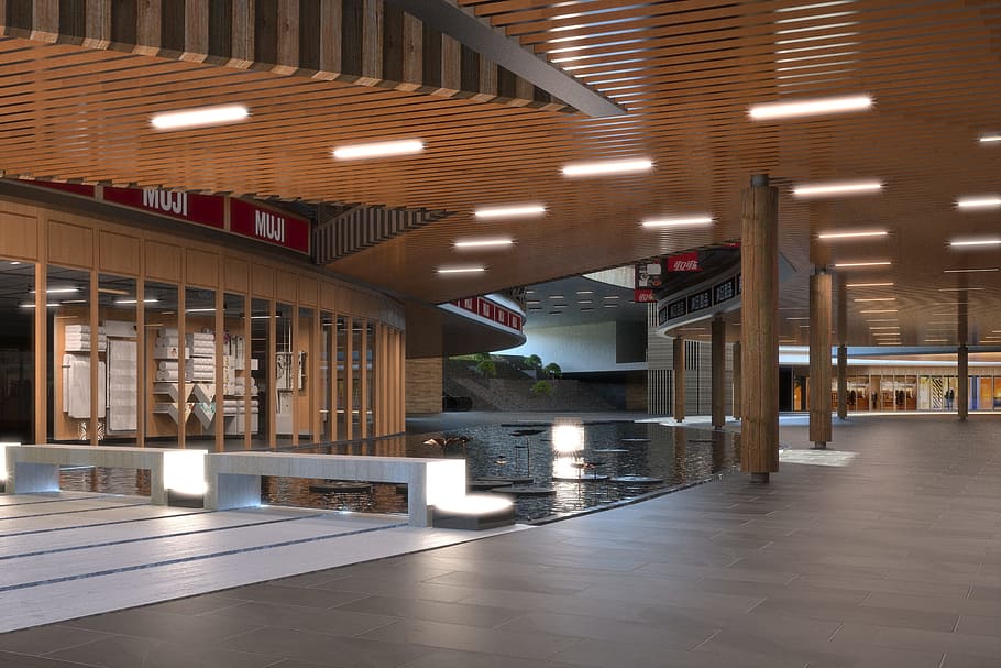 effektbillede, perspektiv, bygning, arkitektur, belyst, indendørs, belysningsudstyr, gulve, ingen mennesker, moderne, bygget struktur, loft, arkitektoniske kolonne, arkade, korridor, forretning, flise, afspejling, fravær, mode, flisebelagt gulv, lys, luksus, lysarmatur, 2K