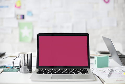 cup, mug, apple, desk, computer, device, display, electronics, keyboard, laptop, papers, planning, screen, table, work, working, workplace, workspace, technology, wireless technology, communication, connection, business, office, indoors, furniture, copy space, focus on foreground, computer monitor, internet, portability, computer equipment, no people, computer network, blank, 4K, CC0, public domain, royalty free