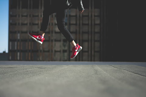 person, wearing, red, nike sneakers, jumping, road, day, black, jeans, nike, sneakers, jumped, front, gray, floor, shoes, girl, people, lifestyle, rooftop, pants, fitness, motion, outdoors, mid-air, adults only, adult, hanging, women, low section, one person, city, human body part, human leg, real people, body part, architecture, lifestyles, leisure activity, selective focus, built structure, running, street, limb, human limb, surface level, 2K, CC0, public domain, royalty free