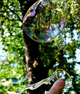Soap Bubble, Huge, large, make soap bubbles, wabbelig, iridescent, soapy water, fun, fly, colorful, bubble, soap Sud, nature, outdoors, bubble Wand, blowing, summer, green Color, playing, playful, human body part, refraction, fragility, one person, vulnerability, day, reflection, focus on foreground, tree, transparent, sphere, plant, real people, mid-air, close-up, leisure activity, hand, finger, 4K, CC0, public domain, royalty free