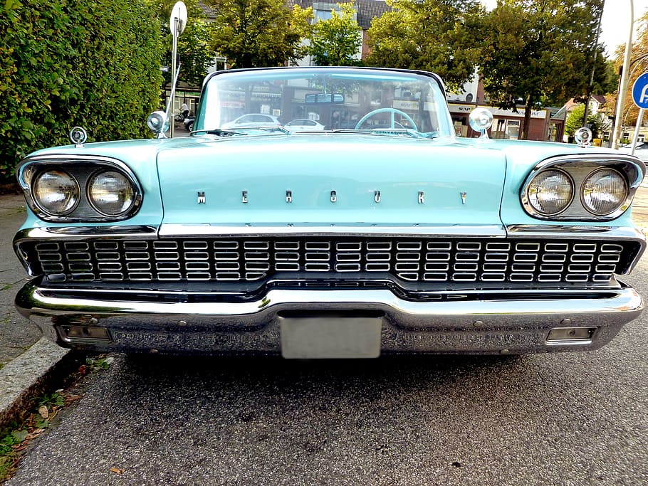 Teal clàssic convertible, mercuri, automàtic, clàssic, oldtimer, vehicle, raresa, retro, vintage, nostàlgia, punt de mira, para-xocs, cotxe antic, pneumàtics de paret blanca, històricament, aletes de cua, v8, cromat, americà, pkw, cotxe americà, cotxes, convertible, EUA, crom, brillantor, automoció, guardabarros, vista frontal, manera de transport, cotxe, vehicle terrestre, estil retro, automòbil, transport, cotxe d'època, dia, arbre, faro, estacionari, planta, cap gent, naturalesa, a l'aire lliure, metall, carretera, ciutat, color plata, 4K