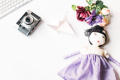 Foto, Kamera, Puppe, gestylt, Konzepte und Ideen, Objekte, keine Leute, altmodisch, Blume, Strauß, Papier-, weißer Hintergrund, Nahansicht, blühende Pflanze, Pflanze, Studioaufnahme, Natur, drinnen, Rose, kopieren sie platz, lila, Blumenschmuck, Schönheit in der Natur, High Angle View, weiße Farbe, 4K, CC0, gemeinfrei, lizenzfrei