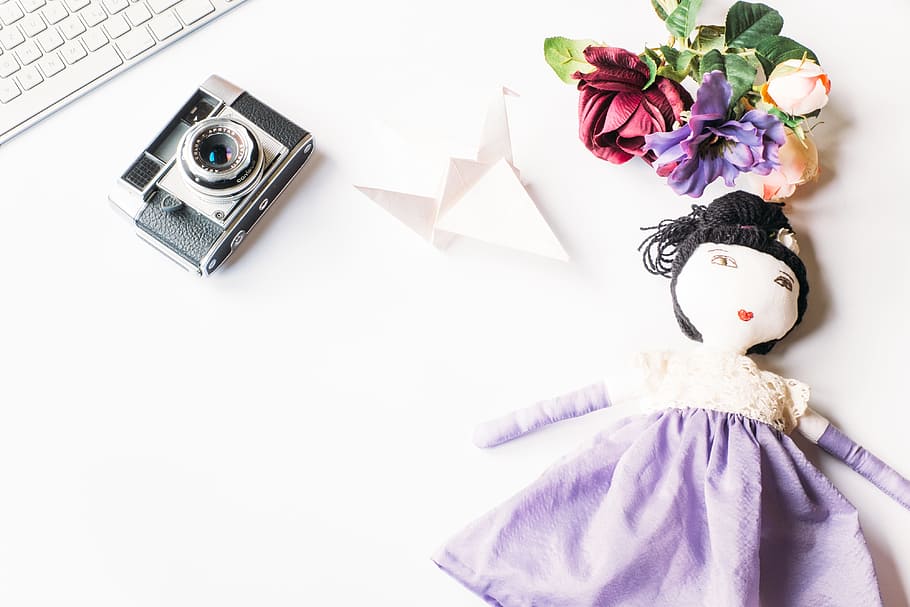 foto, càmera, nina, estilitzat, conceptes i idees, objectes, cap gent, passat de moda, flor, bouquet, paper, fons blanc, primer pla, planta amb flors, planta, tir de l'estudi, naturalesa, a l'interior, flor de roses, còpia espai, porpra, rosa, arranjament floral, bellesa a la natura, vista d’angle alt, Color blanc, 4K