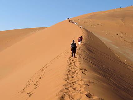 Menschen, Gehen, Düne, tagsüber, groß, Vati, Namibia, Wüste, Aufstieg, Sand, Reise, exotisch, Turm, Landschaft, Spur, nicht, Hitze, steigen, Afrika, doré, Touristen, Sanddüne, trockenes Klima, Klima, Land, Szenen - Natur, echte Menschen, Männer, Rückansicht, Natur, Freizeitbeschäftigung, Himmel, Umgebung, Schönheit in der Natur, Lebensstile, Nicht-städtische Szene, extremes Gelände, draußen, atmosphärisch, 5K, CC0, gemeinfrei, lizenzfrei