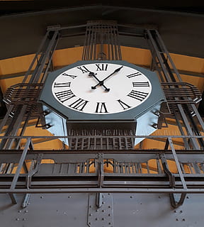 architecture, station clock, chronometer, time, classic, timepiece, time indication, dial, time of, clock, roman numeral, no people, clock face, minute hand, roman, instrument of time, low angle view, indoors, number, built structure, circle, accuracy, geometric shape, tower, clock tower, clock hand, shape, wall clock, 2K, CC0, public domain, royalty free