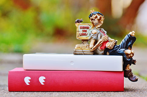 selective, focus photography, calavera figurine, books, computer, addiction, help, computer searches, internet addiction, self help, selbsthilfegruppe, office, desk, monitor, screen, pc, skeleton, focus on foreground, art and craft, figurine, close-up, no people, human representation, representation, male likeness, still life, female likeness, table, toy, creativity, craft, day, statue, sculpture, selective focus, publication, outdoors, 4K, CC0, public domain, royalty free