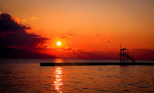 silueta, puente, puesta de sol, Dom, rojo, verano, naturaleza, cielo, Oceano, mar, agua, ver, playa puesta de sol, reflexión, scenics, color naranja, escena tranquila, belleza en la naturaleza, paisajes - naturaleza, vertebrado, tranquilidad, temas de animales, idílico, animal, pájaro, luz del sol, nadie, al aire libre, horizonte sobre el agua, destello de lente, 2K, CC0, dominio público, libre de derechos