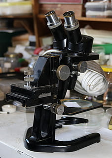 Microscope, Lab, increases, equipment, laboratory, science, indoors, machinery, close-up, no people, industry, factory, focus on foreground, table, still life, black color, technology, metal, photography themes, arts culture and entertainment, business, retro styled, man made, machine part, camera - photographic equipment, 5K, CC0, public domain, royalty free