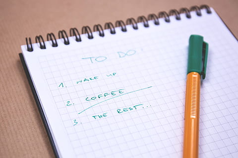 brown, green, ballpoint pen, to do, list, checklist, notepad, notebook, pen, writing, business, work, indoors, close-up, pencil, paper, high angle view, education, still life, no people, spiral notebook, note pad, table, book, learning, number, page, school supplies, green color, 4K, CC0, public domain, royalty free