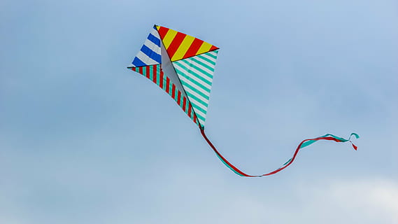 multicolored flying kite, kite, fly, wind, fun, kite - Toy, flag, blue, sky, multi Colored, flying, mid-air, nature, day, striped, motion, toy, low angle view, childhood, positive emotion, emotion, joy, people, blue background, 4K, CC0, public domain, royalty free