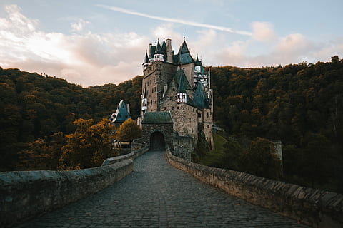 vuoto, sentiero, in direzione, castello, fotografia di paesaggio, grigio, blu, foresta, autunno, albero, struttura costruita, architettura, cielo, esterno dell'edificio, natura, costruzione, storia, il passato, luogo di culto, religione, destinazioni di viaggio, pianta, nuvola - cielo, nessuno, credenza, ponte, ponte - struttura fatta dall'uomo, all'aperto, abbazia, 5K, CC0, dominio pubblico, privo di copyright