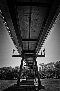 bridge, span, suspension, construction, structure, engineering, transportation, black And White, built structure, architecture, bridge - man made structure, day, connection, sky, nature, tree, architectural column, outdoors, below, land, no people, plant, low angle view, underneath, clear sky, ceiling, 5K, CC0, public domain, royalty free