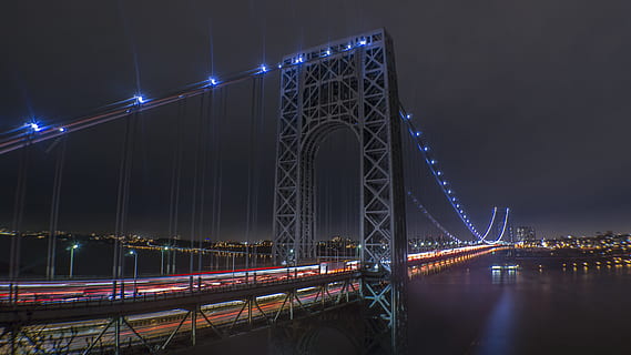 iluminado, fondo de pantalla de puente colgante, gris, puente, Noche, puente de george washington, cable, lapso de tiempo, larga exposición, puente - estructura hecha por el hombre, lugar famoso, Estados Unidos, arquitectura, nueva York, río, escena urbana, puente colgante, paisaje urbano, ciudad, Brooklyn, Nueva York, manhattan - ciudad de nueva york, horizonte urbano, estructura construida, oscuridad, arquitectura y edificios, puente de manhattan, tráfico, viaje, conexión, transporte, destinos de viaje, agua, sendero de luz, movimiento, Ingenieria, rascacielos, la vida nocturna, 5K, CC0, dominio público, libre de derechos
