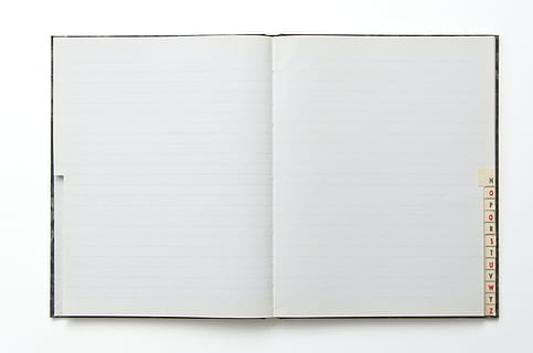 opened, white, blue, lined, book, open notebook, notebook, spread, blank, paper, open, page, empty, design, write, note, space, template, tabs, information, letter tabs, address book, vintage, old, cut out, copy space, publication, white background, note pad, white color, document, education, information medium, communication, message, indoors, studio shot, business, no people, ring binder, textbook, clean, 4K, CC0, public domain, royalty free