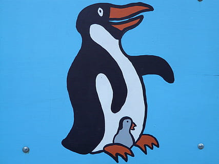 sort, hvid, pingvin illustration, pingvin, tegneserie, figur, billede, maling, tegneseriefigur, tegning, sjov, dyr, glad, blå, ingen mennesker, tæt på, dag, udendørs, repræsentation, dyr repræsentation, dyre temaer, Kunst og håndværk, kreativitet, blå baggrund, farvet baggrund, håndværk, dyreliv, pattedyr, hvirveldyr, fugl, indendørs, design, murbygningsfunktion, 2K, CC0, offentligt domæne, royaltyfrie