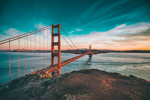puente de san francisco, dorado, portón, puente, Puente de puerta de oro, arquitectura, San Francisco, mar, agua, paisaje, naturaleza, cielo, puesta de sol, nubes, puente - estructura hecha por el hombre, transporte, estructura construida, puente colgante, al aire libre, conexión, nube - cielo, Ingenieria, bahía, bahía de agua, destinos de viaje, belleza en la naturaleza, escena tranquila, 5K, CC0, dominio público, libre de derechos