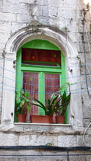 Green Window, Split, Croatia, in split, croatia, window, building exterior, green color, architecture, arch, door, built structure, plant, building, day, no people, potted plant, growth, outdoors, entrance, house, wall - building feature, nature, residential district, wall, window frame, houseplant, 4K, CC0, public domain, royalty free