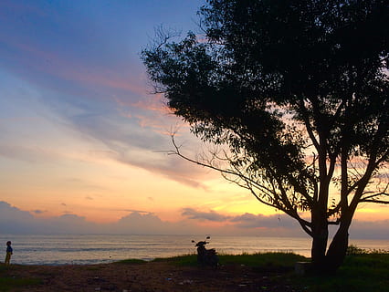 Dämmerung, Landschaft, Natur, Himmel, Strand, Wolken, Motorrad, draußen, Person, Silhouette, Sonnenuntergang, Baum, Wasser, Meer, Szenen - Natur, Schönheit in der Natur, Pflanze, Land, Ruhe, ruhige Szene, Horizont, echte Menschen, Horizont über Wasser, orange Farbe, wolke - himmel, 2K, CC0, gemeinfrei, lizenzfrei