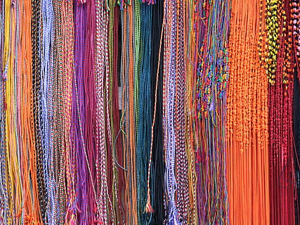 assorted-color textile lot, Beads, Sri Lanka, Colored, Strings, multi-colored, coloured, gem, gemstone, multi colored, backgrounds, retail, full frame, hanging, choice, textile, pattern, variation, no people, retail display, side by side, market, art and craft, for sale, indoors, close-up, large group of objects, design, business, scarf, 4K, CC0, public domain, royalty free