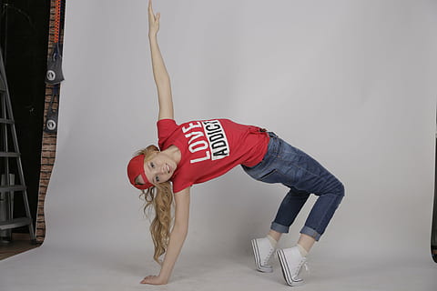 woman dancing, front, white, canvas, dancing, dancers, dance, dancer, school of dance, fitness, of break dance, breaking, b-boy, b-girl, sport, women, people, caucasian Ethnicity, exercising, full length, one person, lifestyles, indoors, arts culture and entertainment, studio shot, balance, young adult, side view, bending, standing, red, young women, leisure activity, clothing, casual clothing, gray, human arm, arms raised, bending over, 5K, CC0, public domain, royalty free