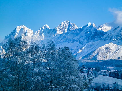 inverno, montagne, invernale, alpino, paesaggio, Austria, alpenblick, la neve, dachstein, natura, montagna, temperatura fredda, Pino, albero, ambiente, scenics - natura, catena montuosa, pianta, bellezza nella natura, cielo, nessuno, scena tranquilla, blu, montagna innevata, la tranquillità, terra, all'aperto, picco di montagna, 4K, CC0, dominio pubblico, privo di copyright