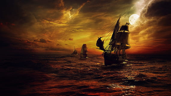 brown, galleon ship illustration, ship, strom, sea, night, fantasy, red, pirates, moon, cloud, manipulation, sky, sunset, water, nature, cloud - sky, beauty in nature, transportation, nautical vessel, occupation, sun, people, business finance and industry, storm, damaged, dramatic sky, silhouette, fisherman, ruined, 1080P, CC0, public domain, royalty free