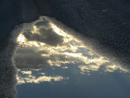puddle, water, pool, reflection, cloud, wet, rain, cloud - sky, sunlight, nature, sky, no people, day, high angle view, outdoors, shadow, road, tranquility, beauty in nature, city, street, 4K, CC0, public domain, royalty free