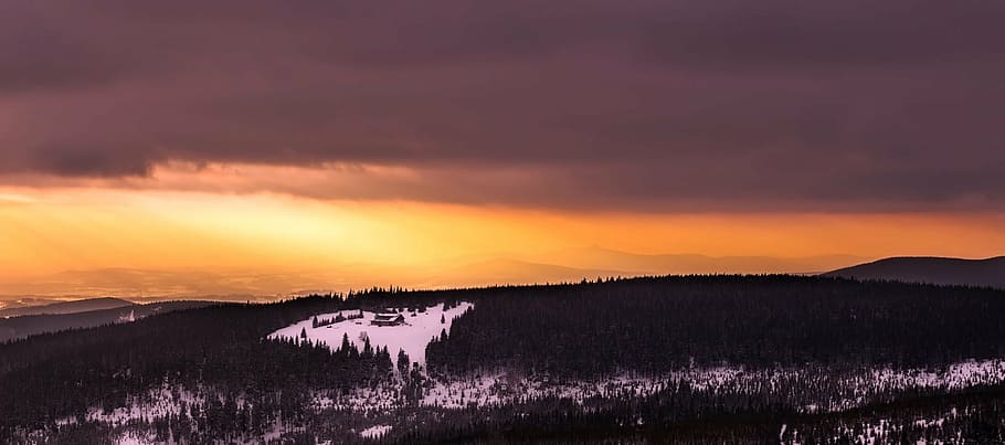 silueta, arboles, dorado, hora, montañas, paisaje, cielo, nubes, oscuridad, puesta de sol, panorama, invierno, nieve, bosque, presentar, recurso, naturaleza, al aire libre, país, campo, rural, desierto, hermoso, hdr, scenics, belleza en la naturaleza, escena tranquila, tranquilidad, color naranja, reflexión, agua, nadie, paisajes - naturaleza, ambiente, nube - cielo, animales en la naturaleza, animal, Dom, fauna animal, mamífero, 1080P