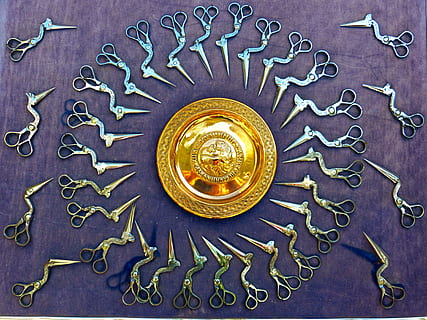 round gold-colored illustration, scissors, shear, bird shears, sharp, cut, arts crafts, uzbekistan, gold colored, table, no people, still life, indoors, gold, craft, directly above, shape, art and craft, high angle view, decoration, metal, close-up, design, antique, arrangement, representation, text, knolling - concept, luxury, ornate, silver colored, 4K, CC0, public domain, royalty free