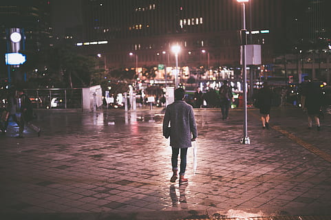 man, walking, middle, street, cbd, work, night view, city, illuminated, night, real people, architecture, rear view, women, people, full length, built structure, building exterior, incidental people, lifestyles, street light, group of people, city life, footpath, men, outdoors, light, paving stone, 4K, CC0, public domain, royalty free