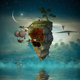 flydende ø illustration, planet, ocean, landskab, solnedgang, kyst, hav, aftenhimmel, horisont, kystlandskab, klippe, idyllisk, farvande, booket, naturskøn, Felsentor, ved havet, natur, fantasi, måne, stjerne, fly, ballon, vand, blå, himmel, skyer, overflade, aften, ekspression, spejling, farve, skumring, atmosfærisk, romantisk, refleksioner, blålig, oversvømmet, humør, afspejling, havnefronten, digital komposit, flyvende, sky - himmel, eventyr, dag, dyre temaer, udendørs, dyreliv, Midt i luften, transportmidler, skønhed i naturen, scenics - natur, 2K, CC0, offentligt domæne, royaltyfrie